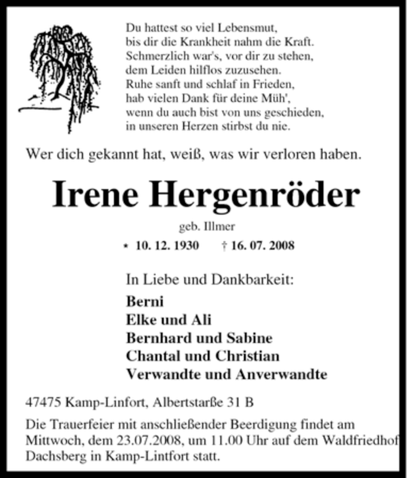 Traueranzeigen von Irene Hergenröder Trauer in NRW de