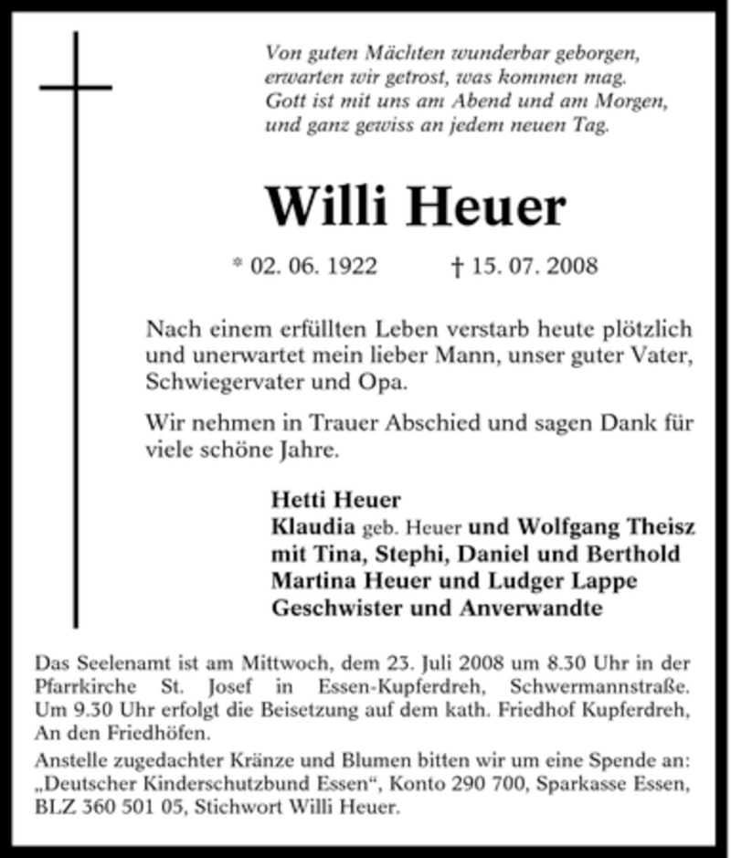 Traueranzeigen Von Willi Heuer Trauer In Nrw De