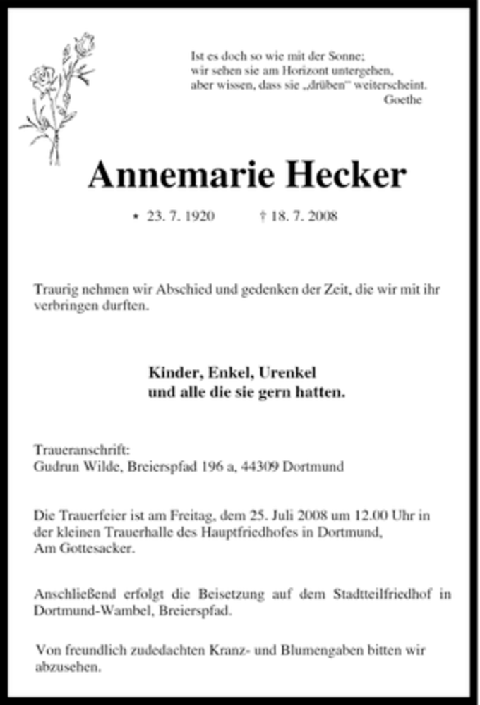 Traueranzeigen Von Annemarie Hecker Trauer In NRW De