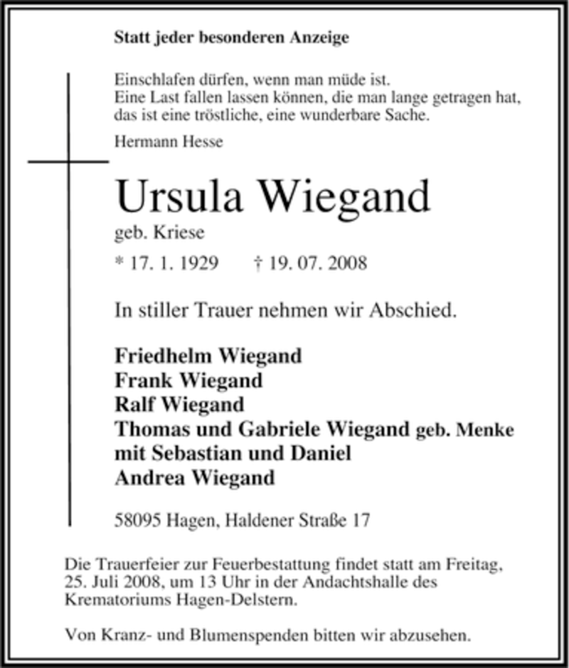 Traueranzeigen Von Ursula Wiegand Trauer In Nrw De