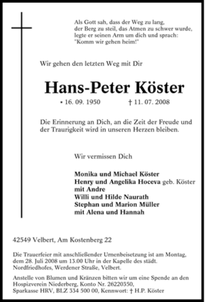 Traueranzeigen Von Hans Peter K Ster Trauer In Nrw De