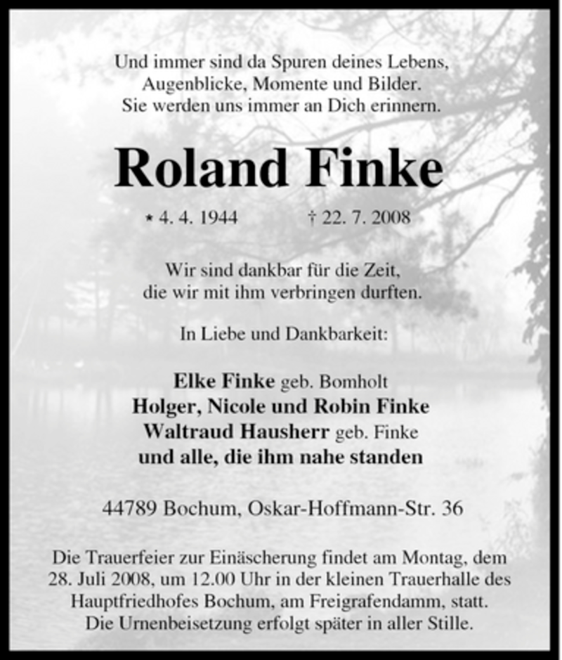 Traueranzeigen Von Roland Finke Trauer In Nrw De