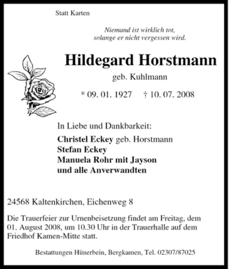 Traueranzeigen Von Hildegard Horstmann Trauer In Nrw De