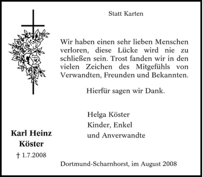 Traueranzeigen Von Karl Heinz K Ster Trauer In Nrw De