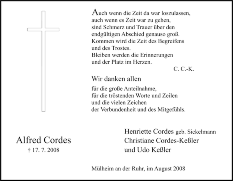 Traueranzeigen Von Alfred Cordes Trauer In NRW De