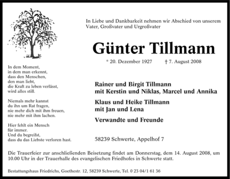 Traueranzeigen von Günter Tillmann Trauer in NRW de