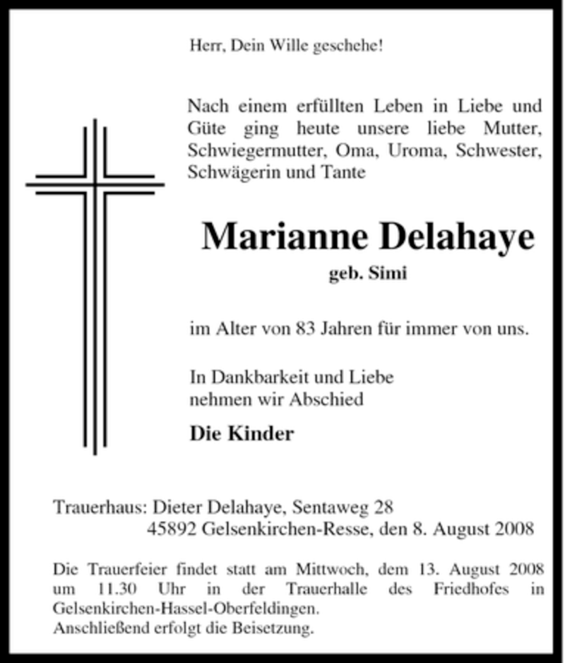 Traueranzeigen Von Marianne Delahaye Trauer In Nrw De