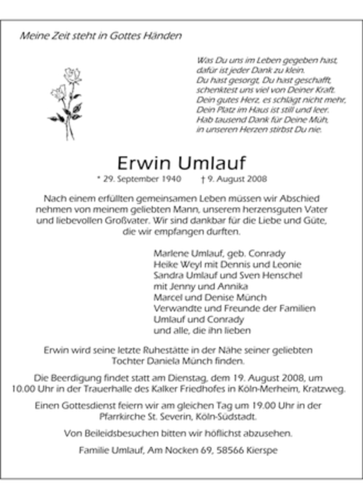 Traueranzeigen Von Erwin Umlauf Trauer In NRW De