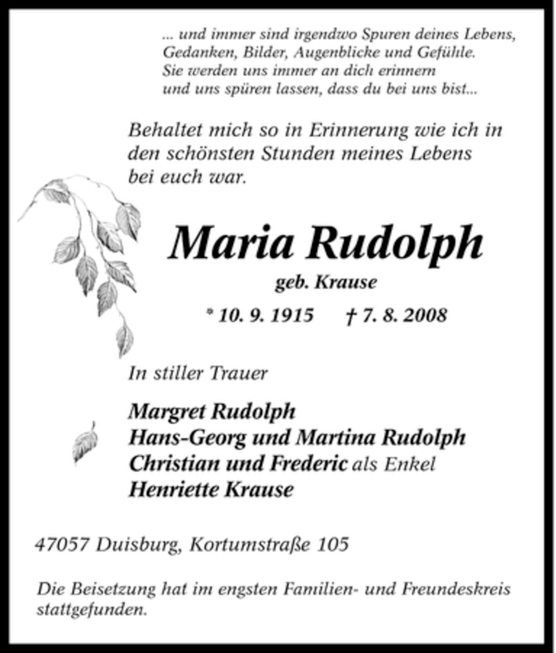 Traueranzeigen Von Maria Rudolph Trauer In NRW De