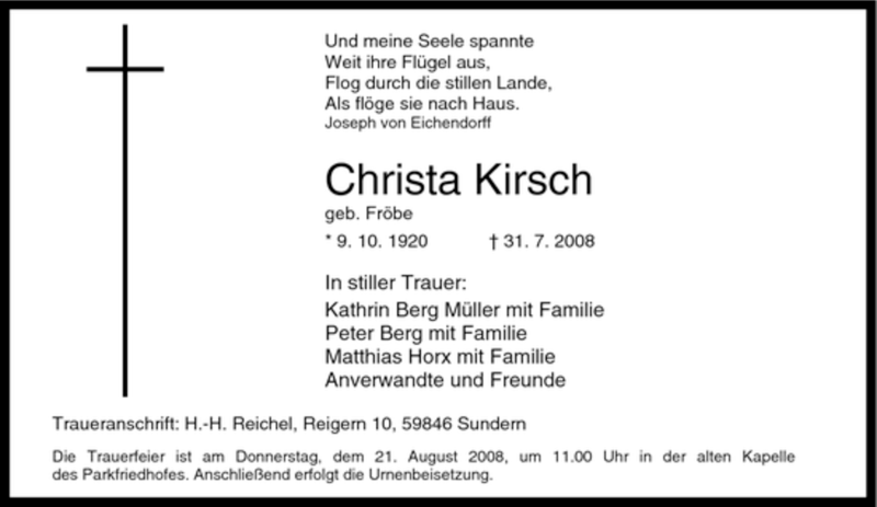 Traueranzeigen Von Christa Kirsch Trauer In NRW De