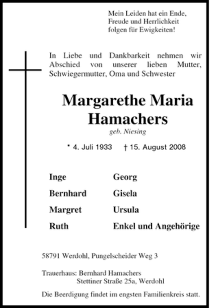 Traueranzeigen Von Margarethe Maria Trauer In Nrw De