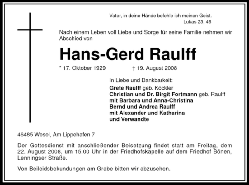 Traueranzeigen Von Hans Gerd Raulff Trauer In NRW De