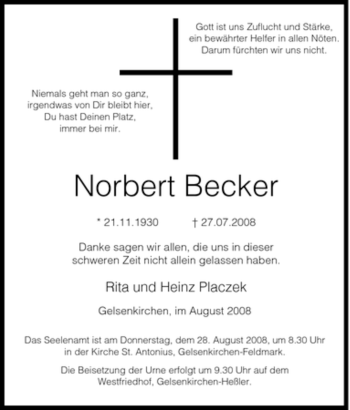 Traueranzeigen Von Norbert Becker Trauer In Nrw De