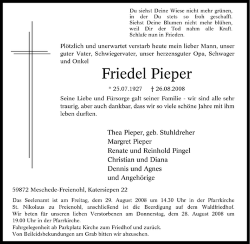 Traueranzeigen Von Friedel Pieper Trauer In Nrw De