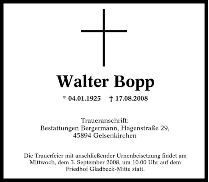 Traueranzeigen Von Walter Bopp Trauer In NRW De