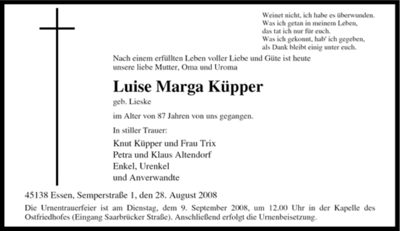 Traueranzeigen Von Luise Marga K Pper Trauer In Nrw De