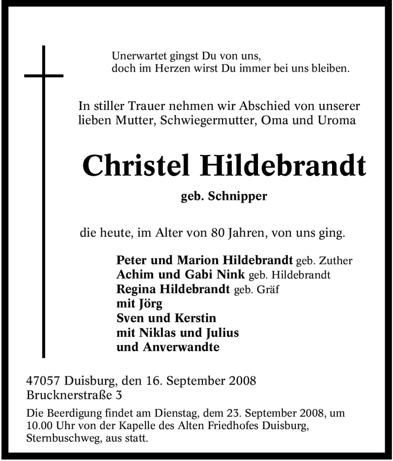 Traueranzeigen Von Christel Hildebrandt Trauer In Nrw De