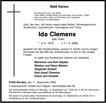 Traueranzeigen Von Ida Clemens Trauer In NRW De