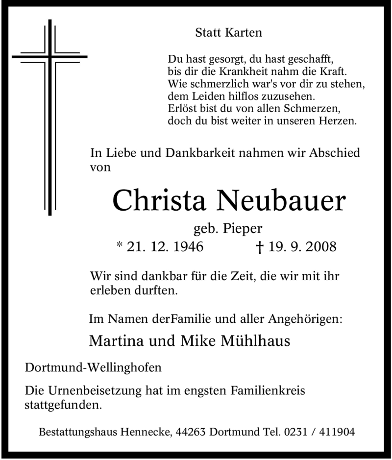 Traueranzeigen Von Christa Neubauer Trauer In NRW De