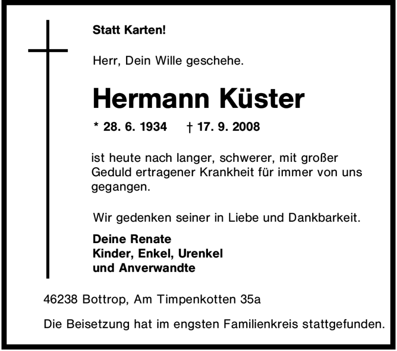 Traueranzeigen von Hermann Küster Trauer in NRW de