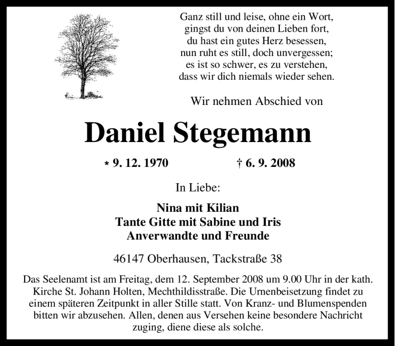 Traueranzeigen Von Daniel Stegemann Trauer In NRW De