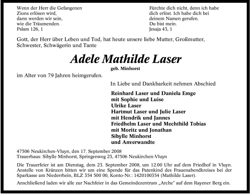 Traueranzeigen Von Adele Mathilde Laser Trauer In Nrw De