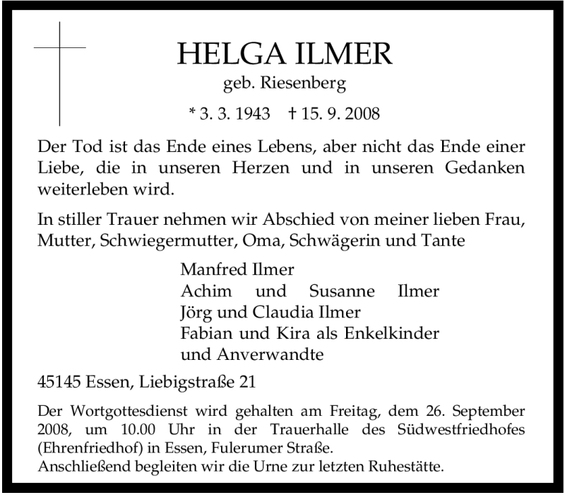 Traueranzeigen Von Helga Ilmer Trauer In Nrw De