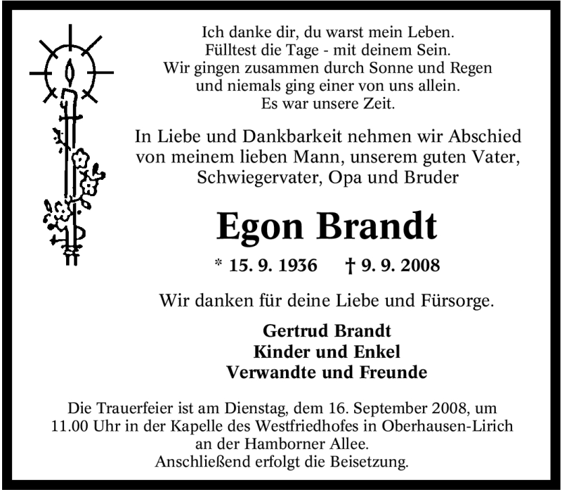 Traueranzeigen Von Egon Brandt Trauer In Nrw De