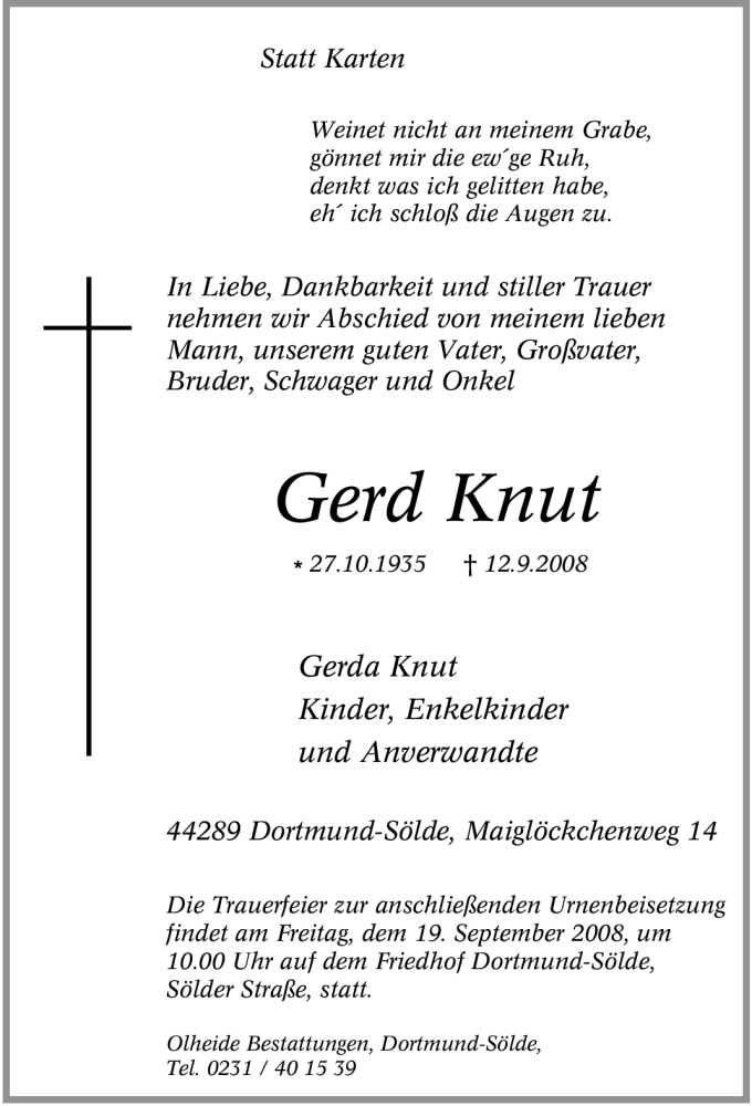 Traueranzeigen Von Gerd Knut Trauer In NRW De