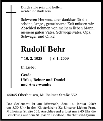 Traueranzeigen Von Rudolf Behr Trauer In Nrw De