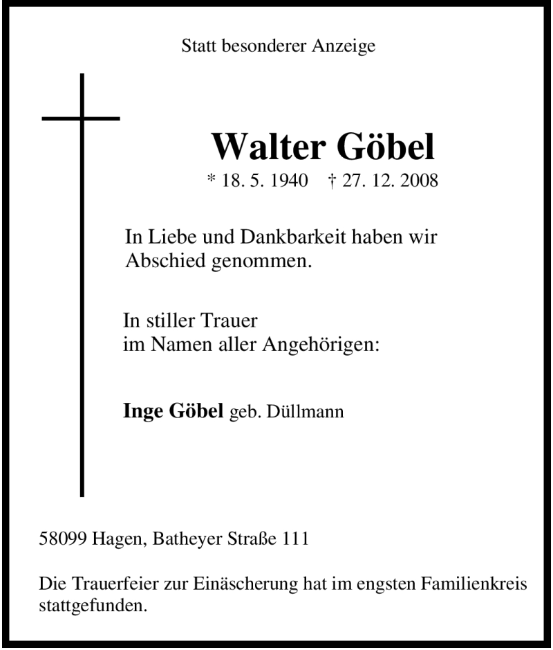 Traueranzeigen von Walter Göbel Trauer in NRW de