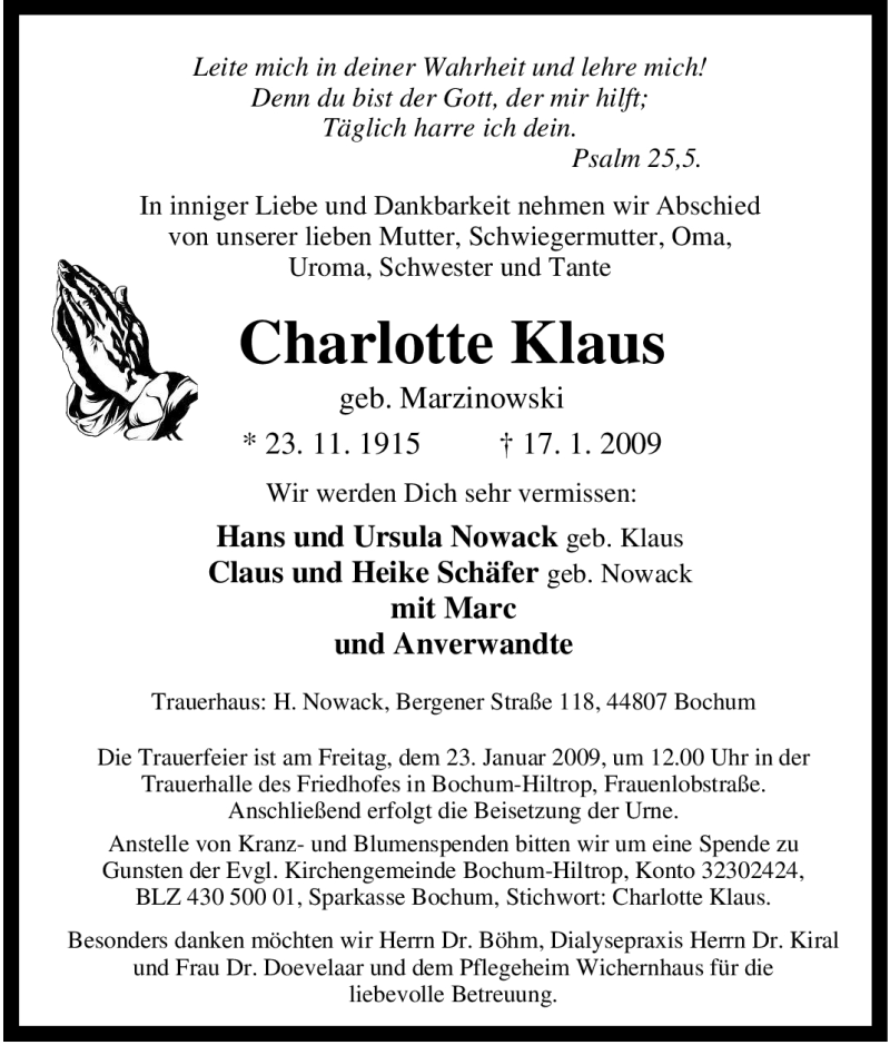 Traueranzeigen Von Charlotte Klaus Trauer In Nrw De