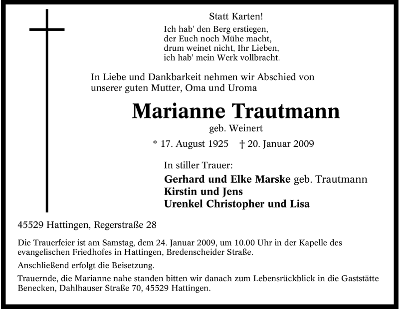 Traueranzeigen Von Marianne Trautmann Trauer In Nrw De