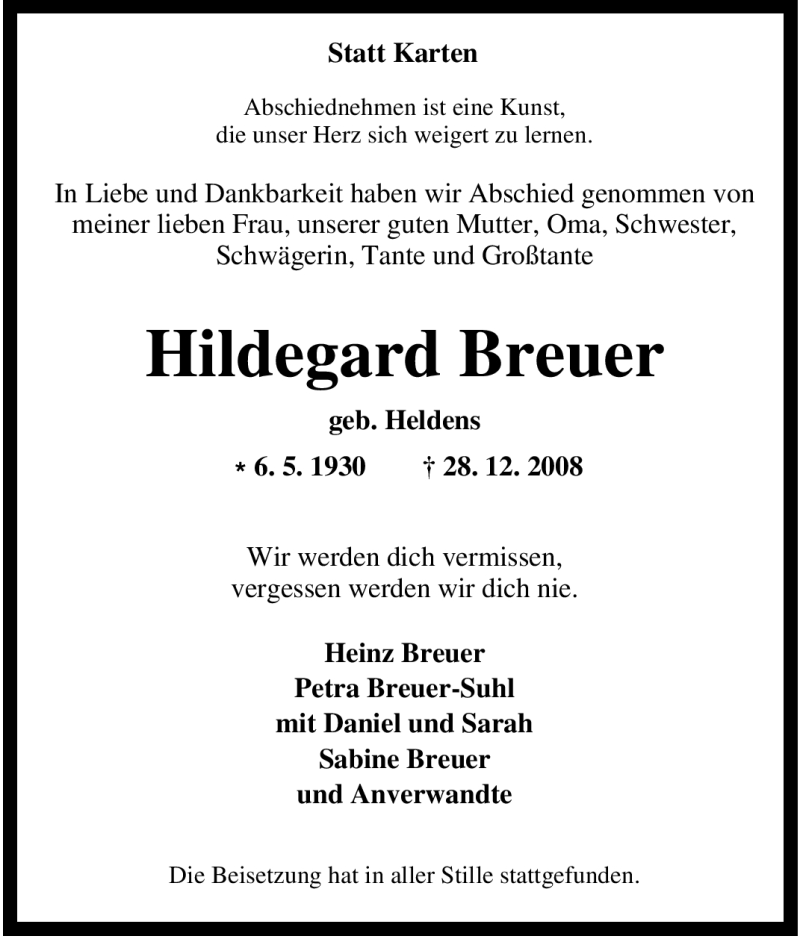 Traueranzeigen Von Hildegard Breuer Trauer In Nrw De