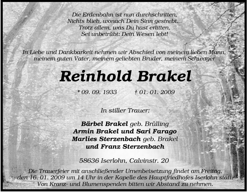 Traueranzeigen Von Reinhold Brakel Trauer In Nrw De