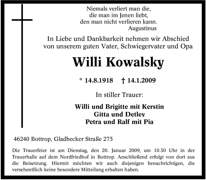 Traueranzeigen Von Willi Kowalsky Trauer In NRW De