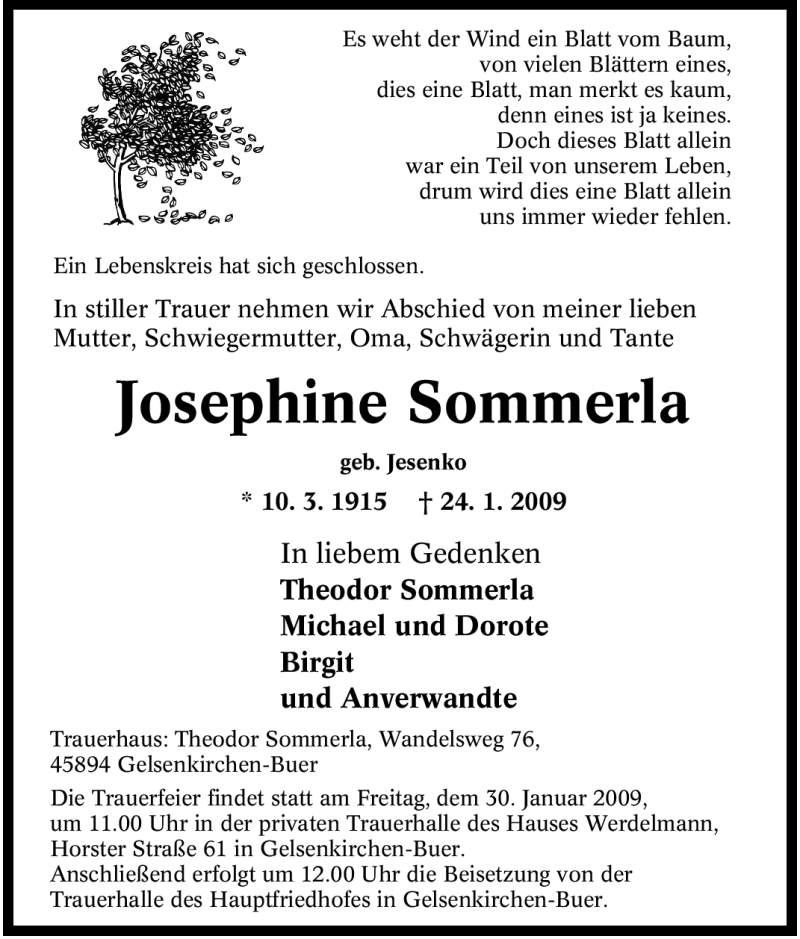 Traueranzeigen Von Josephine Sommerla Trauer In Nrw De