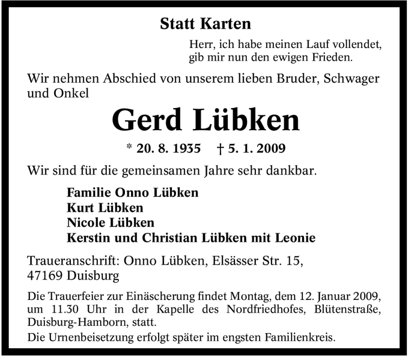 Traueranzeigen Von Gerd L Bken Trauer In Nrw De