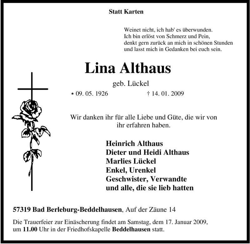 Traueranzeigen Von Lina Althaus Trauer In NRW De