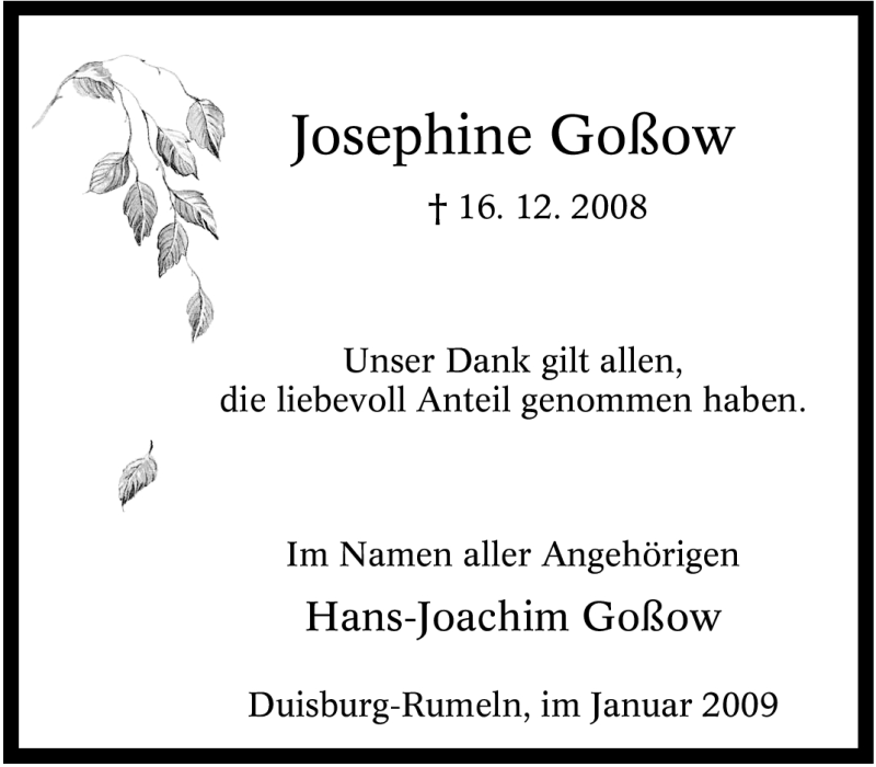 Traueranzeigen von Josephine Goßow Trauer in NRW de