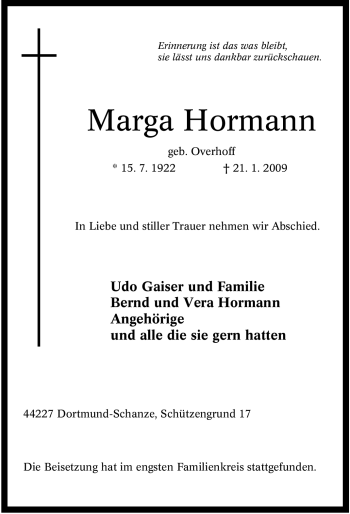 Traueranzeigen Von Marga Hormann Trauer In NRW De