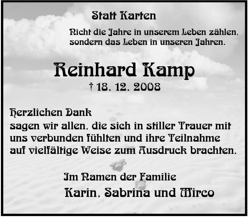 Traueranzeigen Von Reinhard Kamp Trauer In Nrw De