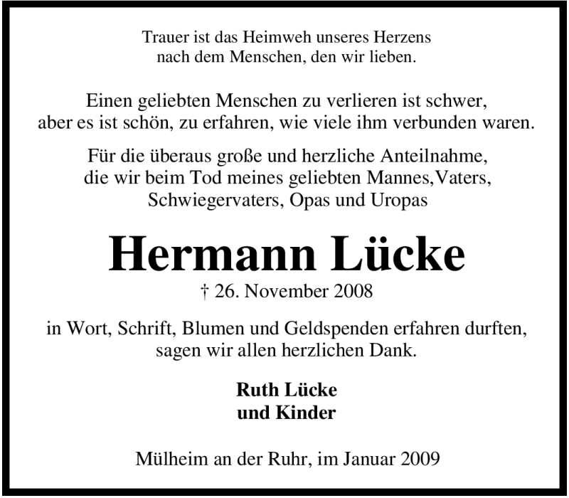 Traueranzeigen Von Hermann L Cke Trauer In Nrw De