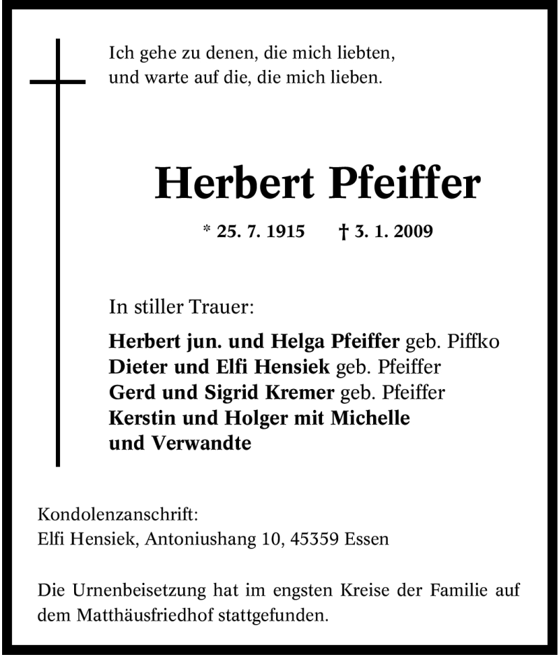 Traueranzeigen Von Herbert Pfeiffer Trauer In NRW De