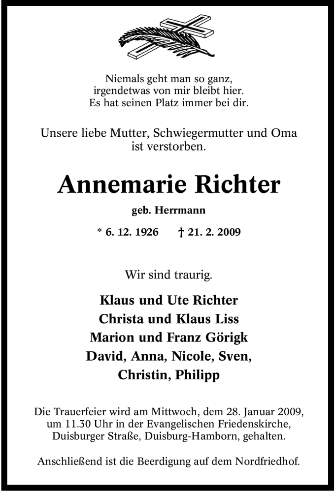 Traueranzeigen Von Annemarie Richter Trauer In Nrw De