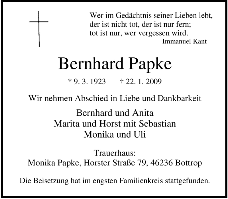 Traueranzeigen Von Bernhard Papke Trauer In NRW De