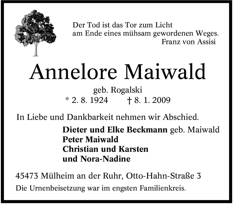 Traueranzeigen Von Annelore Maiwald Trauer In Nrw De