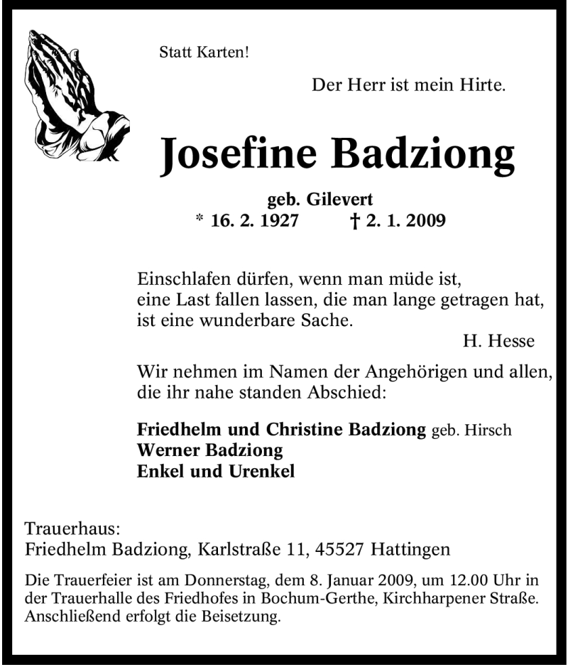 Traueranzeigen Von Josefine Badziong Trauer In NRW De