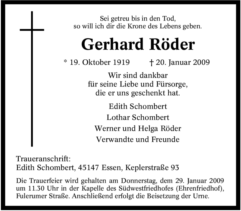 Traueranzeigen von Gerhard Röder Trauer in NRW de