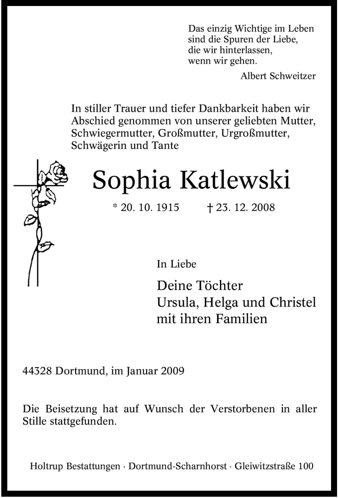 Traueranzeigen Von Sophia Katlewski Trauer In Nrw De